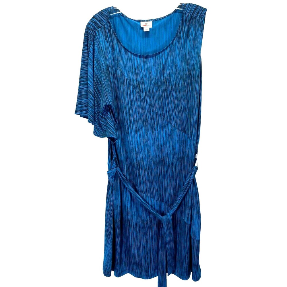 Worthington Woman Dress XL Blue Stretch Tie Waist One Sleeve Above Knee w/defect